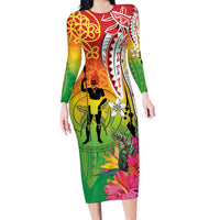 Vanuatu 45th Anniversary Family Matching Long Sleeve Bodycon Dress and Hawaiian Shirt Polynesian with Sand Drawing Pattern LT9 Mom's Dress Red - Polynesian Pride