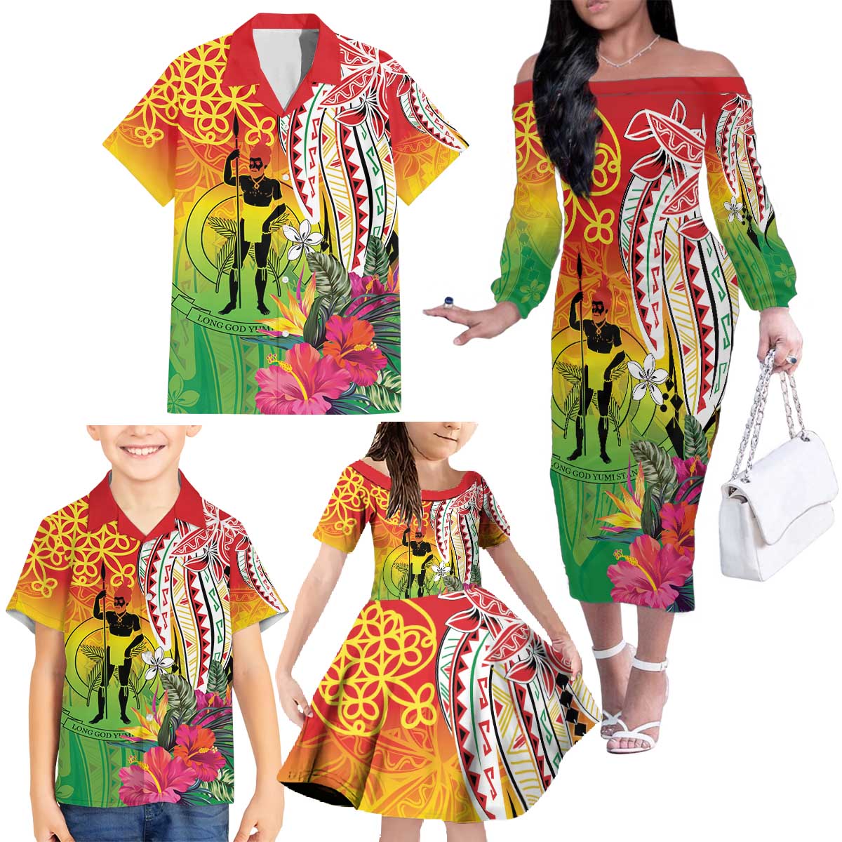 Vanuatu 45th Anniversary Family Matching Off The Shoulder Long Sleeve Dress and Hawaiian Shirt Polynesian with Sand Drawing Pattern LT9 - Polynesian Pride