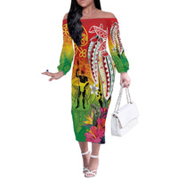 Vanuatu 45th Anniversary Family Matching Off The Shoulder Long Sleeve Dress and Hawaiian Shirt Polynesian with Sand Drawing Pattern LT9 Mom's Dress Red - Polynesian Pride