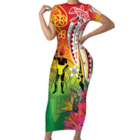 Vanuatu 45th Anniversary Family Matching Short Sleeve Bodycon Dress and Hawaiian Shirt Polynesian with Sand Drawing Pattern LT9 Mom's Dress Red - Polynesian Pride