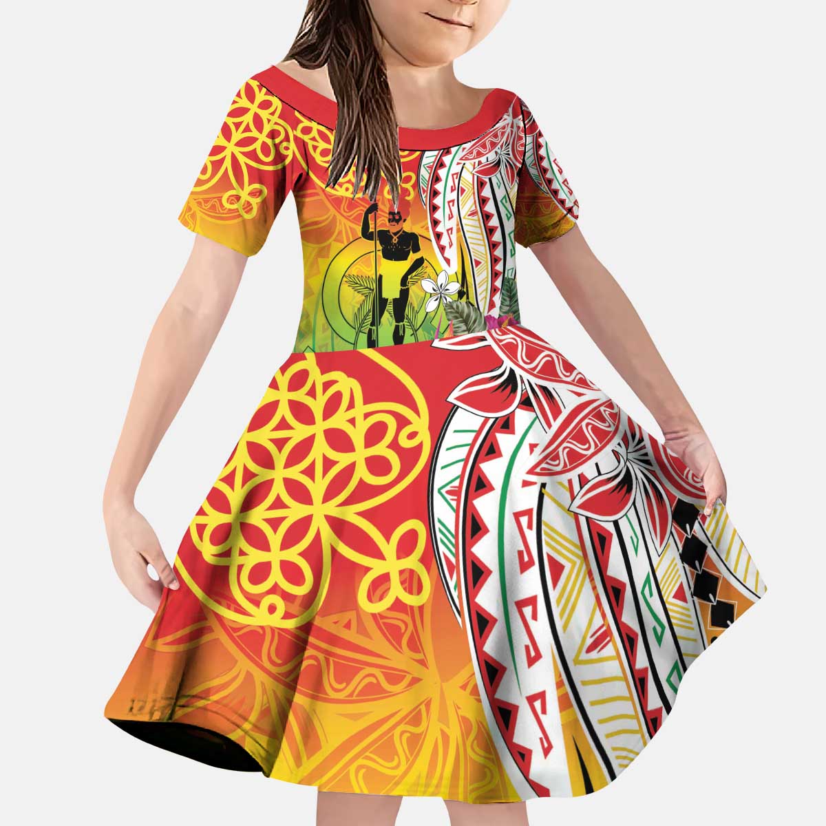 Vanuatu 45th Anniversary Kid Short Sleeve Dress Polynesian with Sand Drawing Pattern