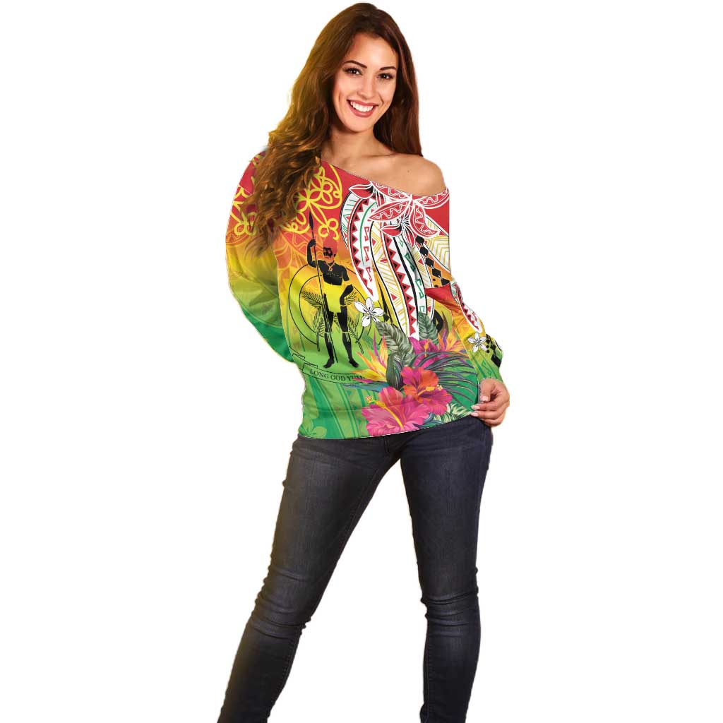 Vanuatu 45th Anniversary Off Shoulder Sweater Polynesian with Sand Drawing Pattern