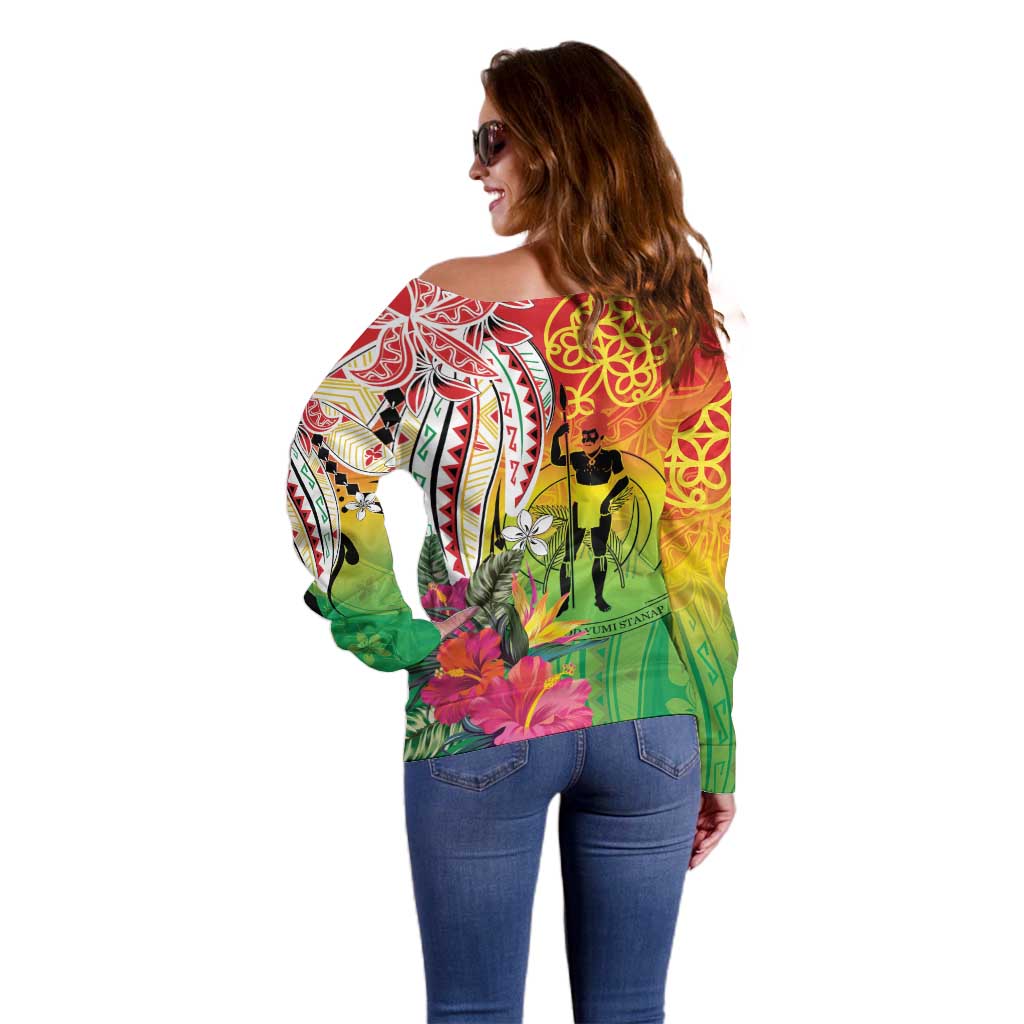 Vanuatu 45th Anniversary Off Shoulder Sweater Polynesian with Sand Drawing Pattern