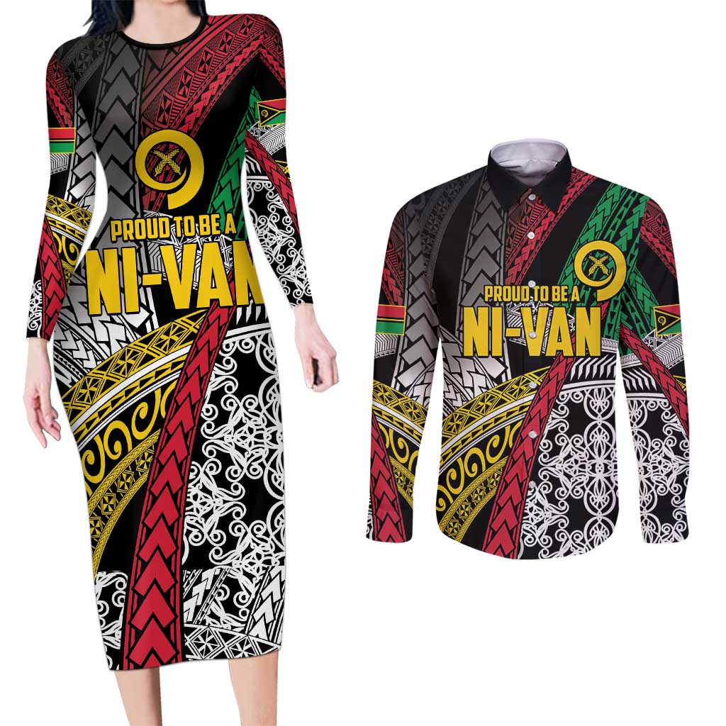 Vanuatu Proud to be Ni-van Personalised Couples Matching Long Sleeve Bodycon Dress and Long Sleeve Button Shirt with Mutis En Atan Patterns LT9 Black - Polynesian Pride