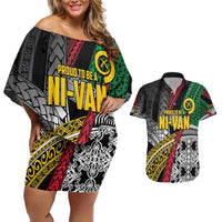 Vanuatu Proud to be Ni-van Personalised Couples Matching Off Shoulder Short Dress and Hawaiian Shirt with Mutis En Atan Patterns LT9 Black - Polynesian Pride