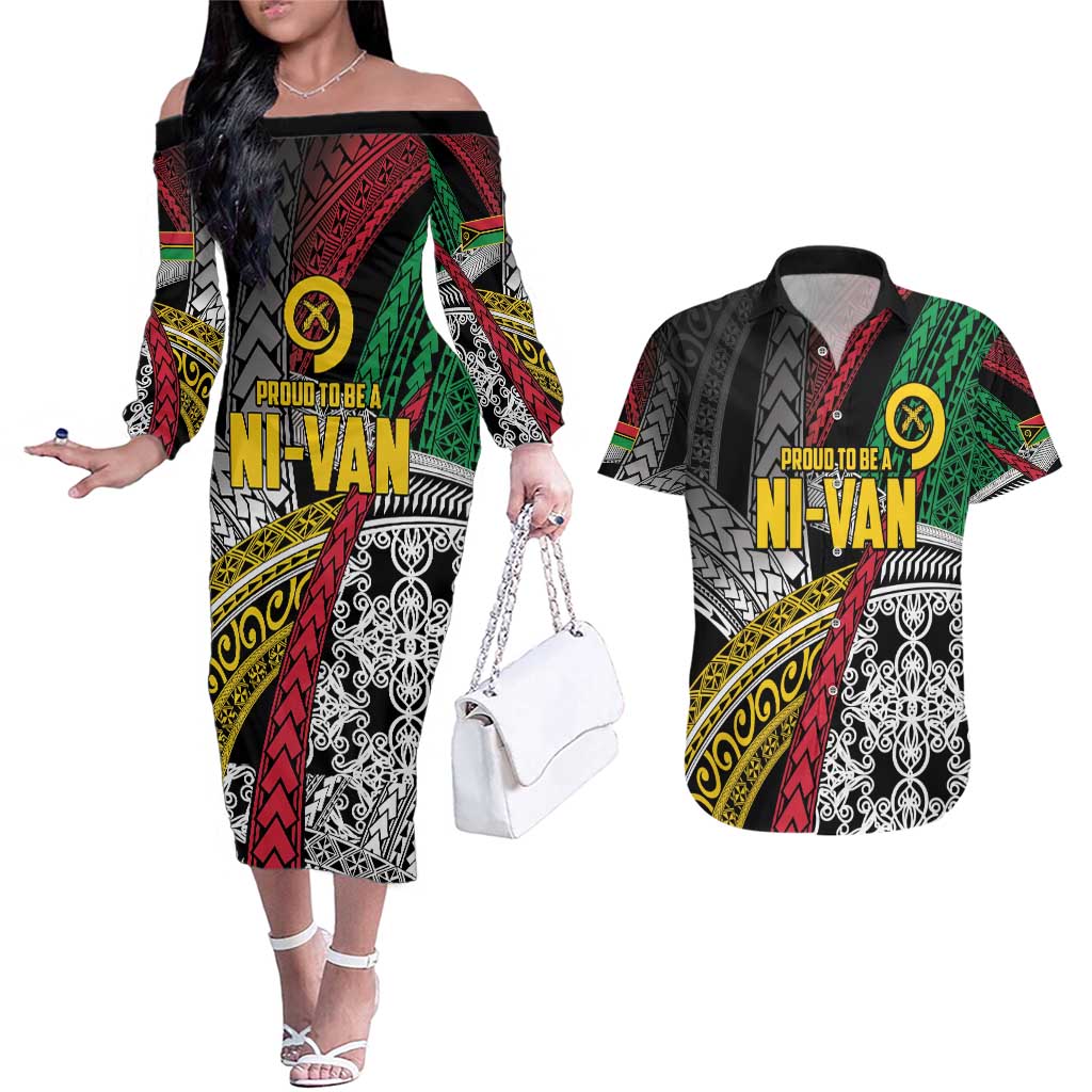 Vanuatu Proud to be Ni-van Personalised Couples Matching Off The Shoulder Long Sleeve Dress and Hawaiian Shirt with Mutis En Atan Patterns LT9 Black - Polynesian Pride