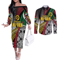 Vanuatu Proud to be Ni-van Personalised Couples Matching Off The Shoulder Long Sleeve Dress and Long Sleeve Button Shirt with Mutis En Atan Patterns LT9 Black - Polynesian Pride