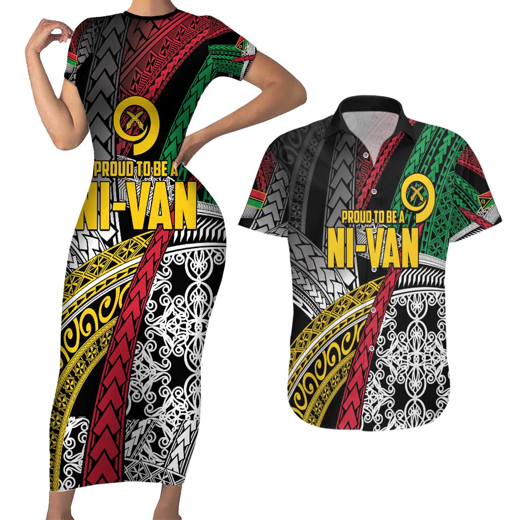 Vanuatu Proud to be Ni-van Personalised Couples Matching Short Sleeve Bodycon Dress and Hawaiian Shirt with Mutis En Atan Patterns LT9 Black - Polynesian Pride