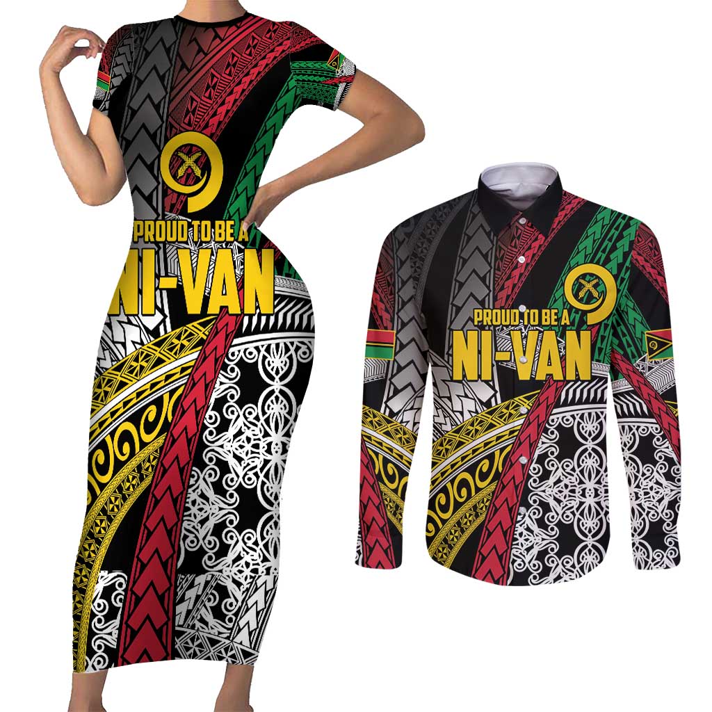 Vanuatu Proud to be Ni-van Personalised Couples Matching Short Sleeve Bodycon Dress and Long Sleeve Button Shirt with Mutis En Atan Patterns LT9 Black - Polynesian Pride