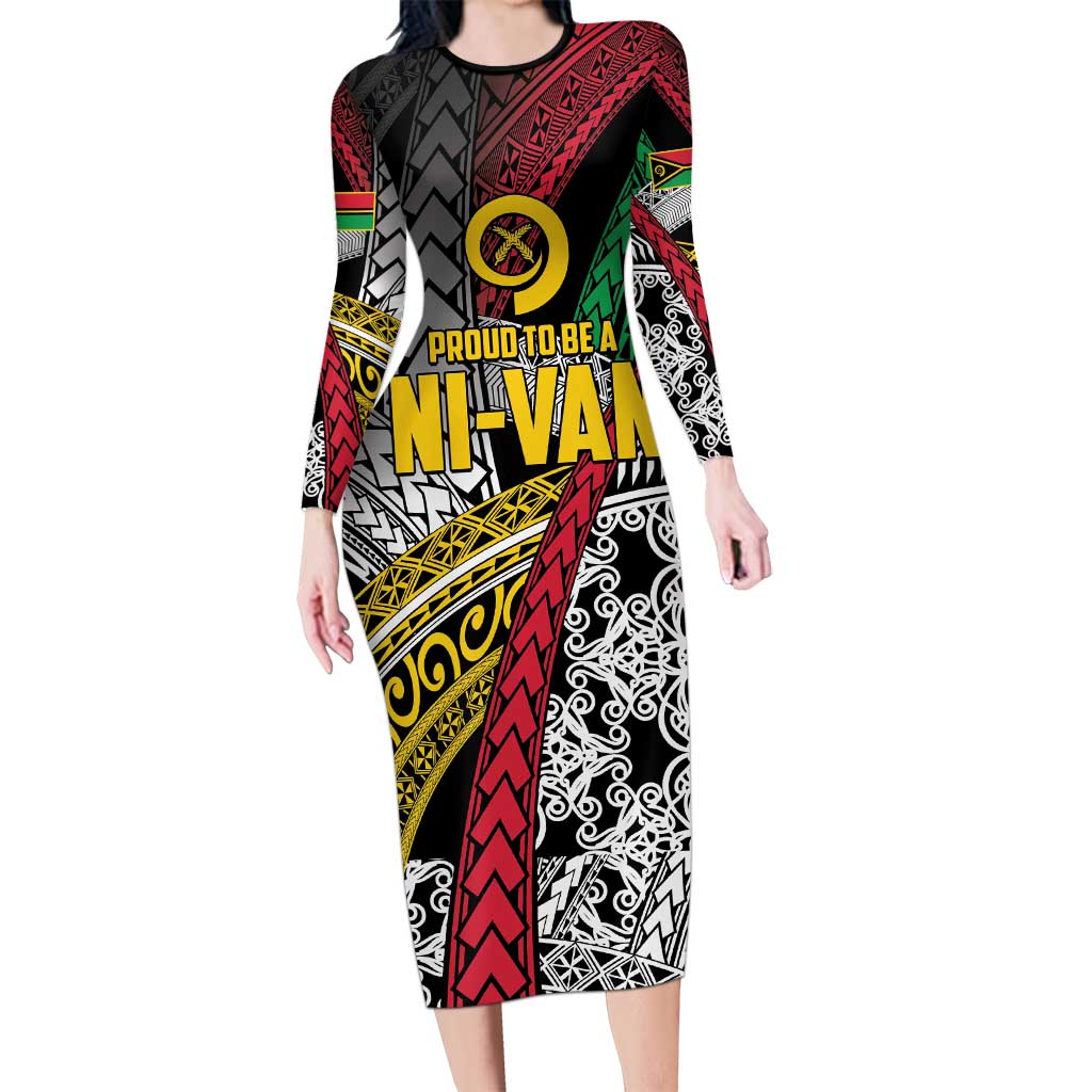 Vanuatu Proud to be Ni-van Personalised Family Matching Long Sleeve Bodycon Dress and Hawaiian Shirt with Mutis En Atan Patterns LT9 Mom's Dress Black - Polynesian Pride