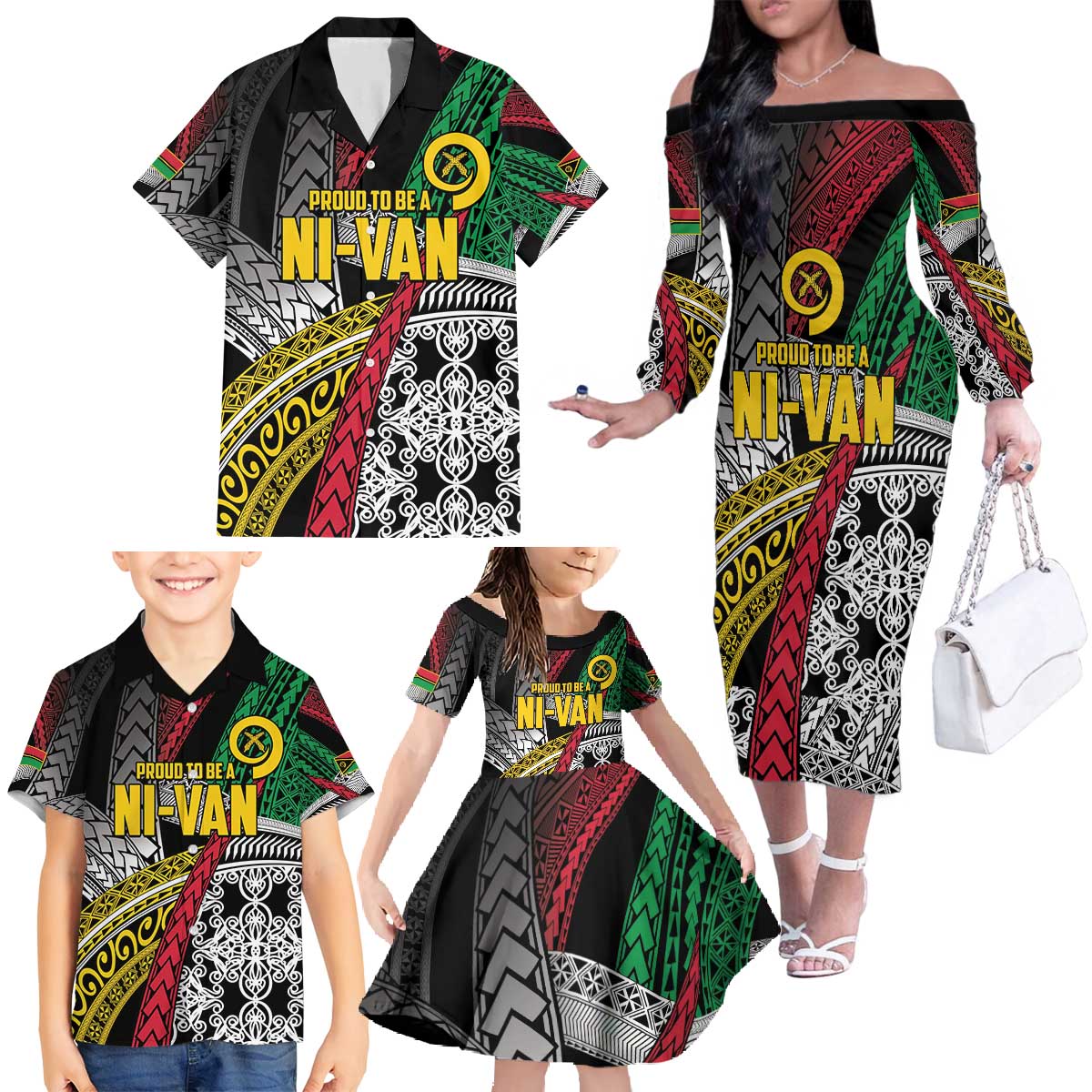 Vanuatu Proud to be Ni-van Personalised Family Matching Off The Shoulder Long Sleeve Dress and Hawaiian Shirt with Mutis En Atan Patterns LT9 - Polynesian Pride