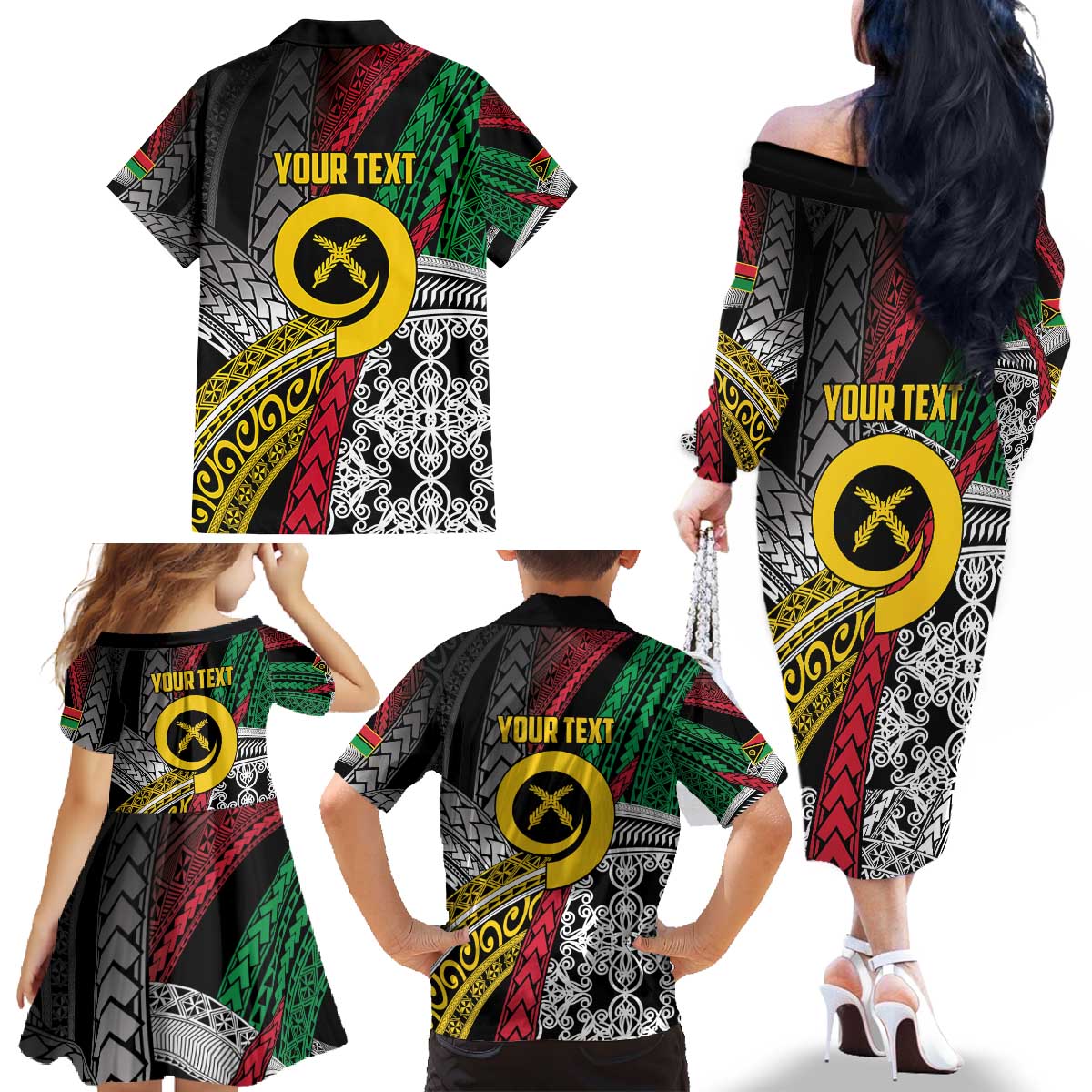 Vanuatu Proud to be Ni-van Personalised Family Matching Off The Shoulder Long Sleeve Dress and Hawaiian Shirt with Mutis En Atan Patterns LT9 - Polynesian Pride