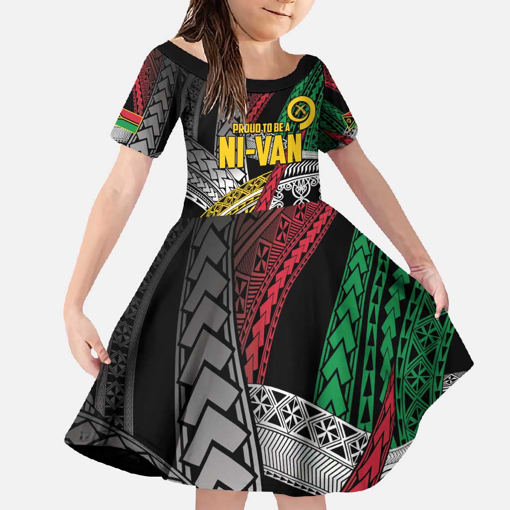 Vanuatu Proud to be Ni-van Personalised Family Matching Off Shoulder Maxi Dress and Hawaiian Shirt with Mutis En Atan Patterns LT9 Daughter's Dress Black - Polynesian Pride