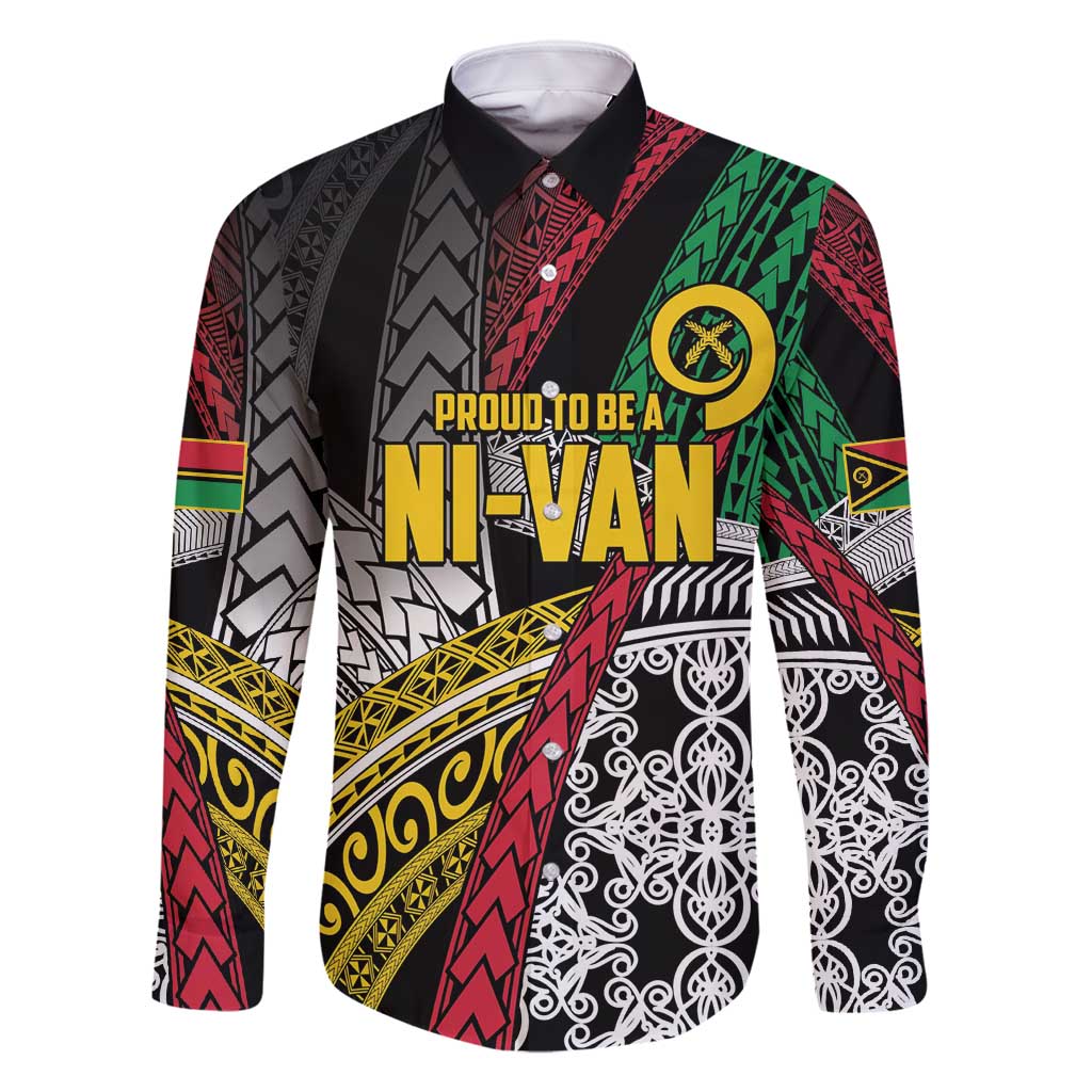 Vanuatu Proud to be Ni-van Personalised Family Matching Off Shoulder Maxi Dress and Hawaiian Shirt with Mutis En Atan Patterns LT9 Dad's Shirt - Long Sleeve Black - Polynesian Pride