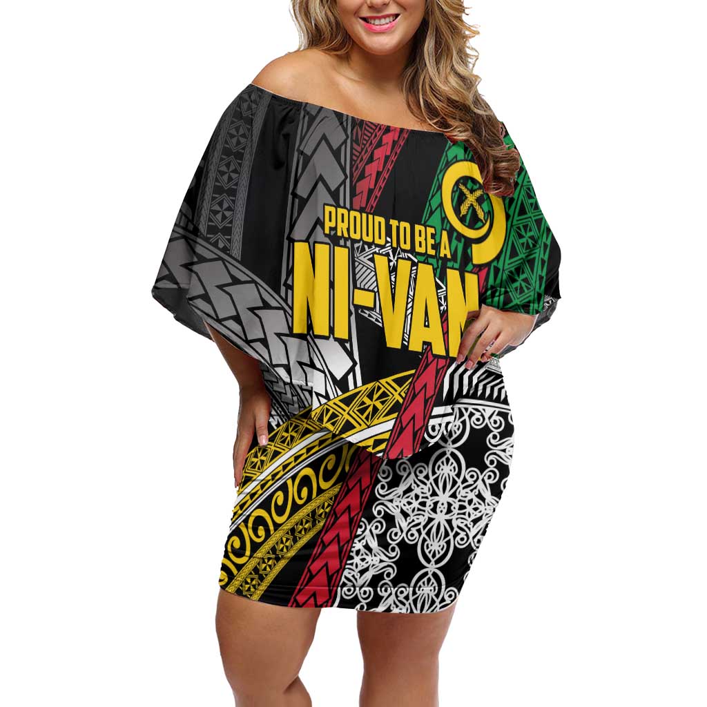 Vanuatu Proud to be Ni-van Personalised Family Matching Off Shoulder Short Dress and Hawaiian Shirt with Mutis En Atan Patterns LT9 Mom's Dress Black - Polynesian Pride