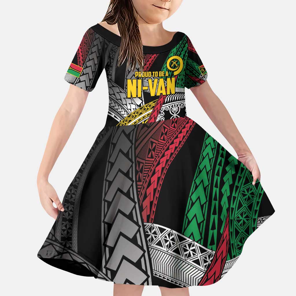 Vanuatu Proud to be Ni-van Personalised Family Matching Puletasi and Hawaiian Shirt with Mutis En Atan Patterns LT9 Daughter's Dress Black - Polynesian Pride