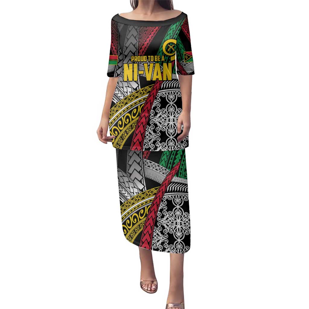 Vanuatu Proud to be Ni-van Personalised Family Matching Puletasi and Hawaiian Shirt with Mutis En Atan Patterns LT9 Mom's Dress Black - Polynesian Pride
