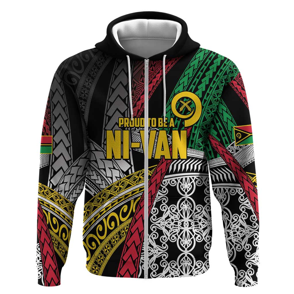 Vanuatu Proud to be Ni-van Personalised Hoodie with Mutis En Atan Patterns LT9 Zip Hoodie Black - Polynesian Pride