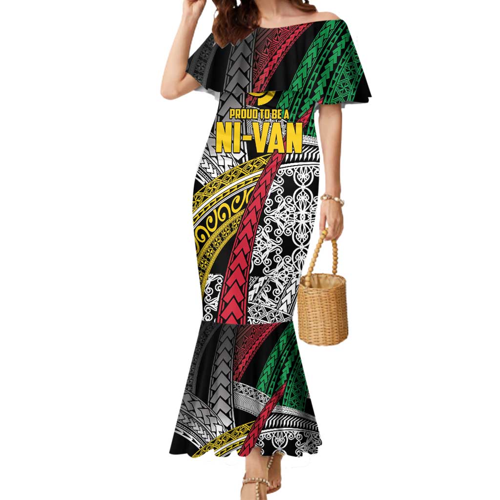 Vanuatu Proud to be Ni-van Personalised Mermaid Dress with Mutis En Atan Patterns LT9 Women Black - Polynesian Pride