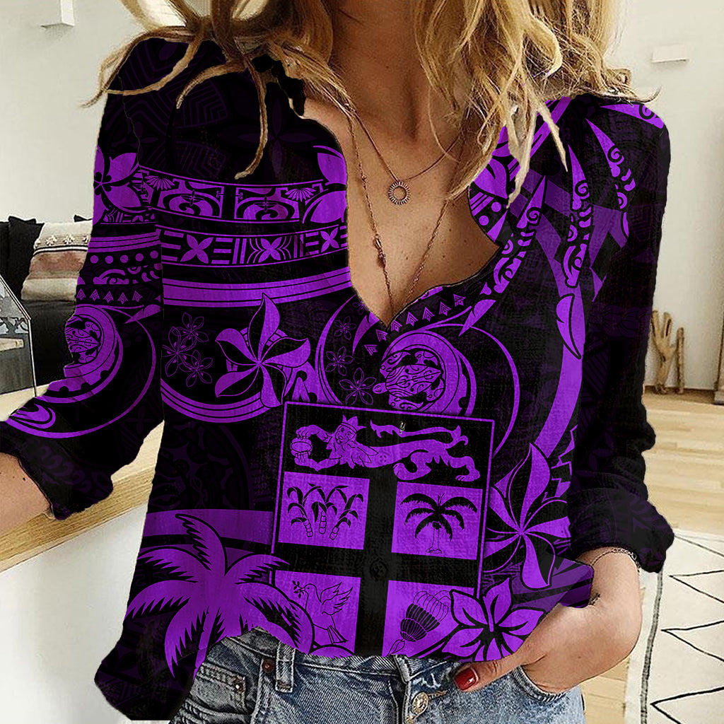 Fiji Islands Women Casual Shirt Coat of Arms Fijian Flower Polynesian Pattern - Purple LT9 Female Purple - Polynesian Pride