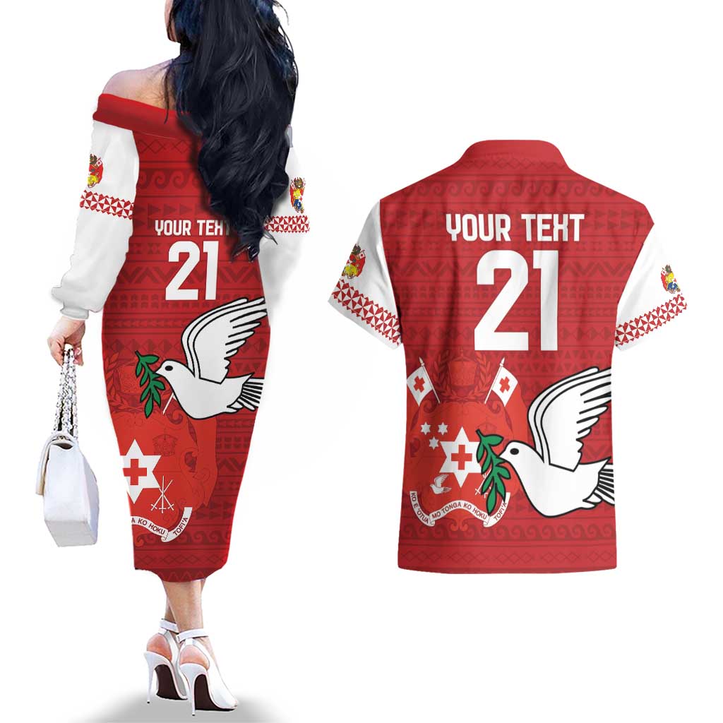 Custom Tonga Rugby Couples Matching Off The Shoulder Long Sleeve Dress and Hawaiian Shirt Mate Maa Kupesi Style LT9 - Polynesian Pride