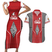 Custom Tonga Rugby Couples Matching Short Sleeve Bodycon Dress and Hawaiian Shirt Mate Maa Kupesi Style LT9 Red - Polynesian Pride