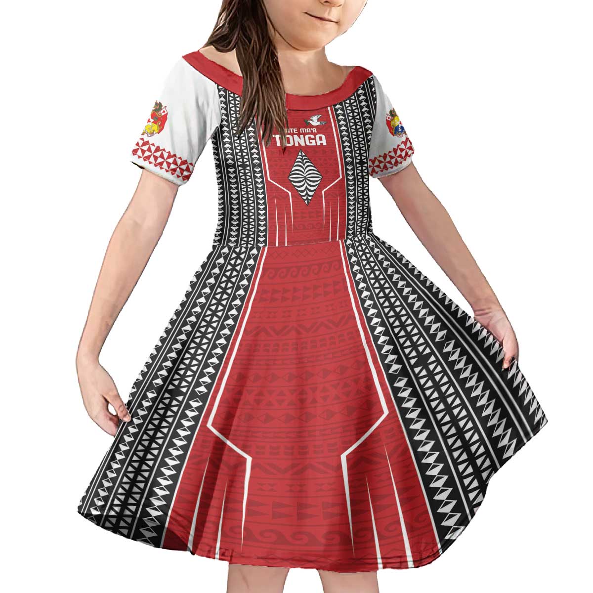 Custom Tonga Rugby Family Matching Off The Shoulder Long Sleeve Dress and Hawaiian Shirt Mate Maa Kupesi Style LT9 Daughter's Dress Red - Polynesian Pride