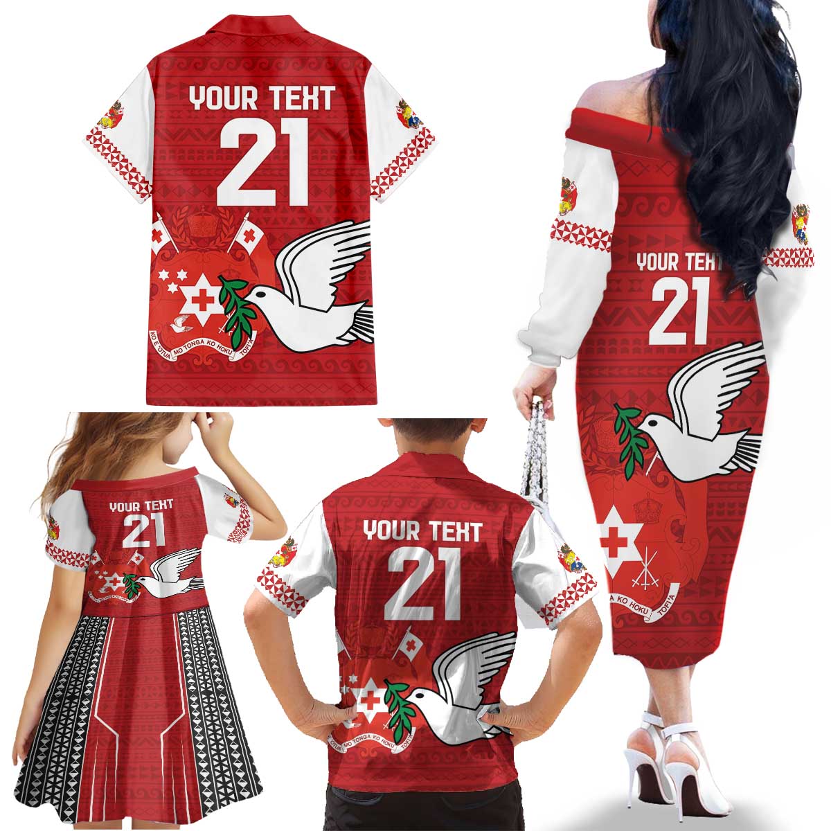 Custom Tonga Rugby Family Matching Off The Shoulder Long Sleeve Dress and Hawaiian Shirt Mate Maa Kupesi Style LT9 - Polynesian Pride