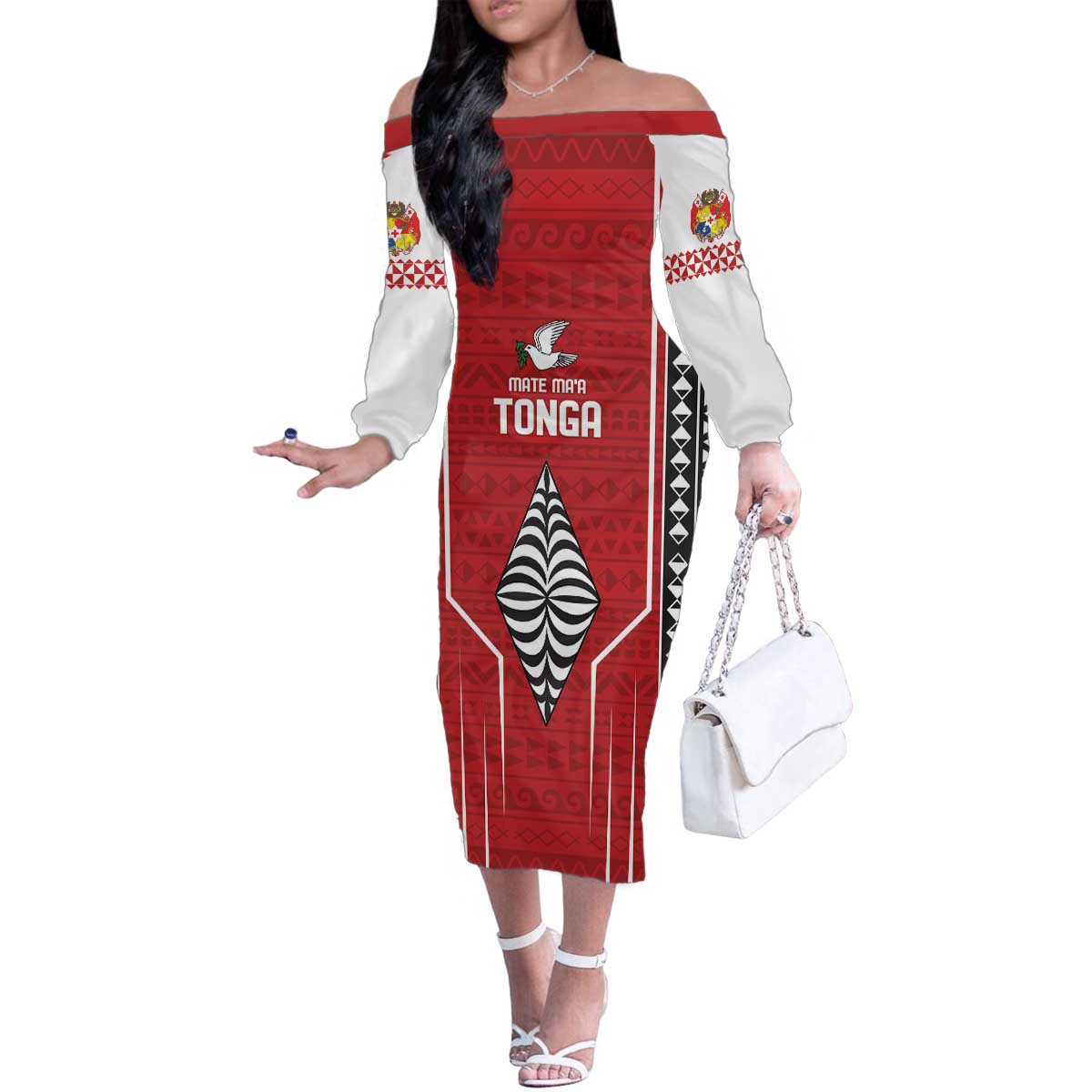 Custom Tonga Rugby Family Matching Off The Shoulder Long Sleeve Dress and Hawaiian Shirt Mate Maa Kupesi Style LT9 Mom's Dress Red - Polynesian Pride