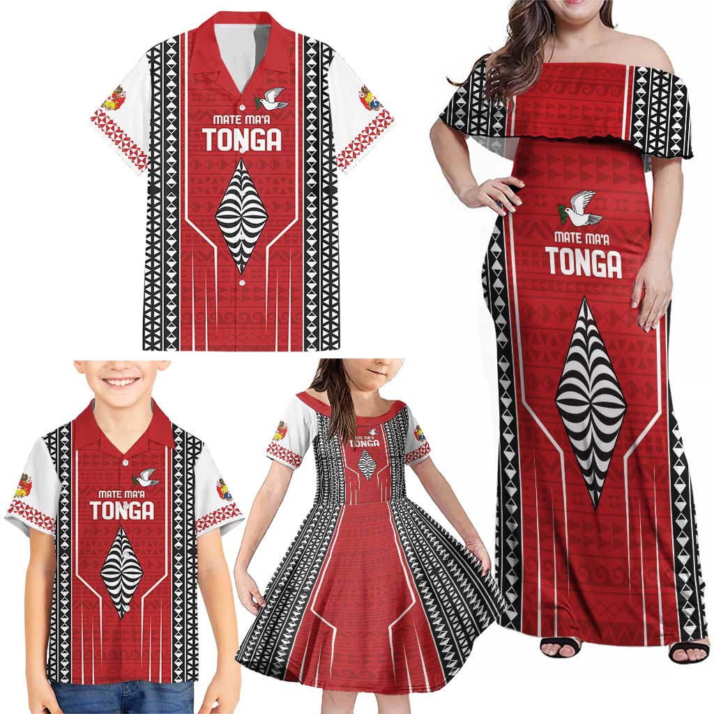 Custom Tonga Rugby Family Matching Off Shoulder Maxi Dress and Hawaiian Shirt Mate Maa Kupesi Style LT9 - Polynesian Pride