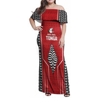 Custom Tonga Rugby Family Matching Off Shoulder Maxi Dress and Hawaiian Shirt Mate Maa Kupesi Style LT9 Mom's Dress Red - Polynesian Pride