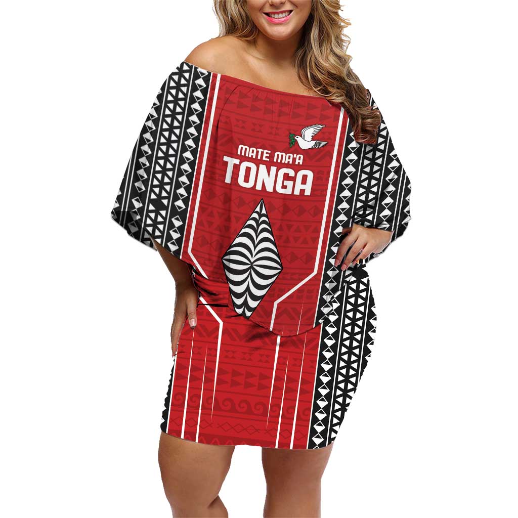 Custom Tonga Rugby Family Matching Off Shoulder Short Dress and Hawaiian Shirt Mate Maa Kupesi Style LT9 Mom's Dress Red - Polynesian Pride