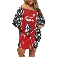 Custom Tonga Rugby Family Matching Off Shoulder Short Dress and Hawaiian Shirt Mate Maa Kupesi Style LT9 Mom's Dress Red - Polynesian Pride