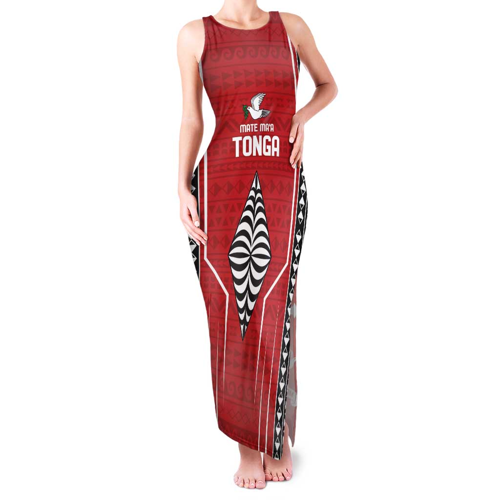 Custom Tonga Rugby Family Matching Tank Maxi Dress and Hawaiian Shirt Mate Maa Kupesi Style LT9 Mom's Dress Red - Polynesian Pride