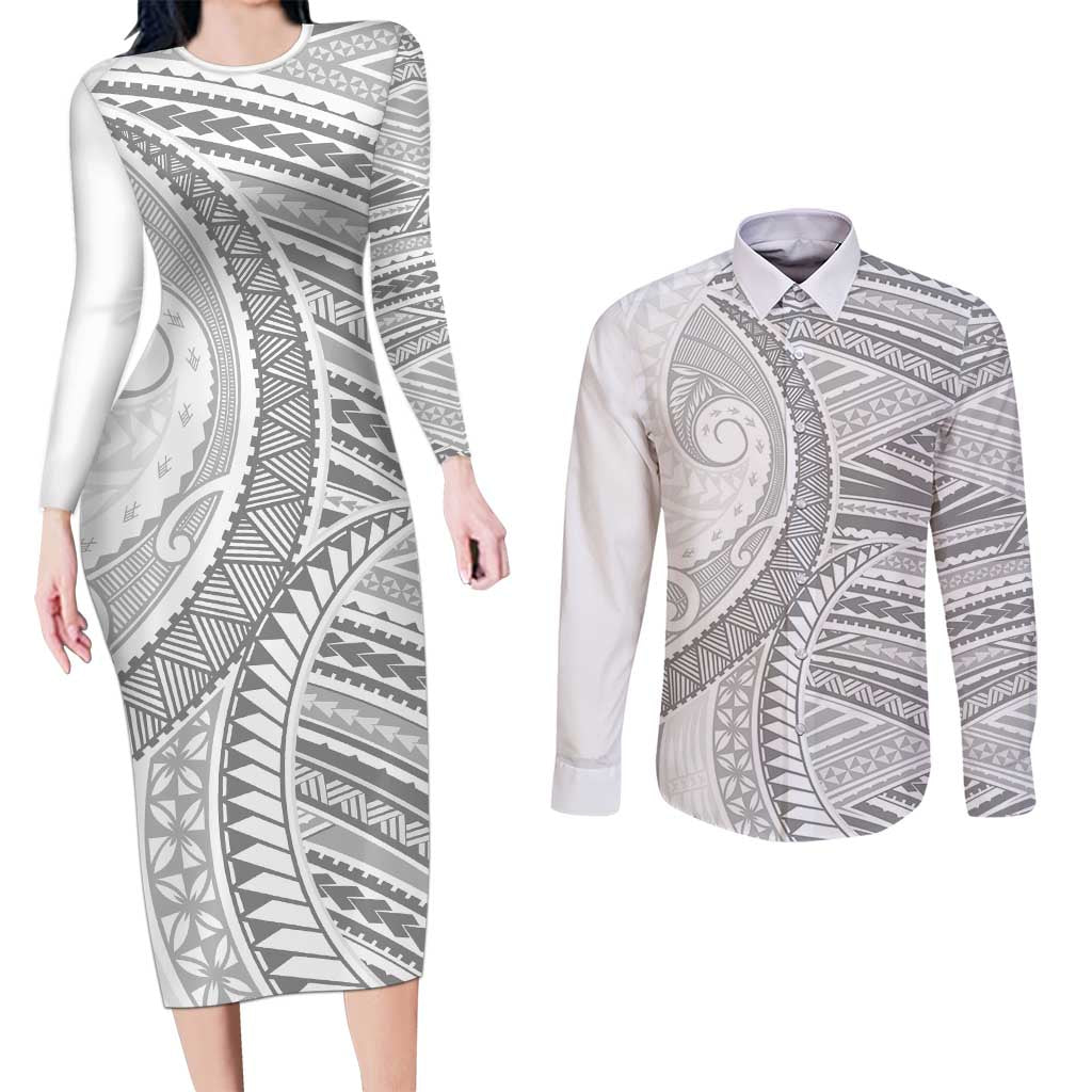 American Samoa White Sunday Couples Matching Long Sleeve Bodycon Dress and Long Sleeve Button Shirt Polynesian Lotu Tamaiti LT9 White - Polynesian Pride