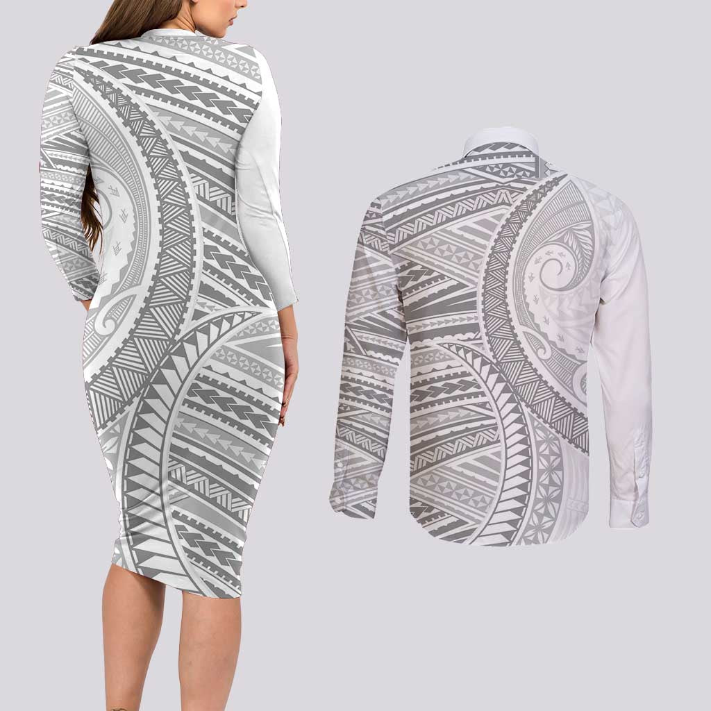 American Samoa White Sunday Couples Matching Long Sleeve Bodycon Dress and Long Sleeve Button Shirt Polynesian Lotu Tamaiti LT9 - Polynesian Pride