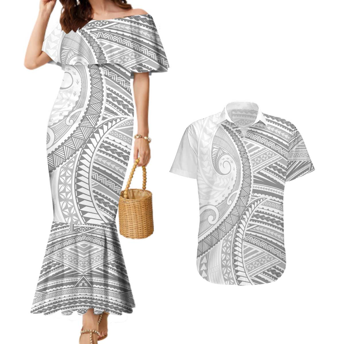 American Samoa White Sunday Couples Matching Mermaid Dress and Hawaiian Shirt Polynesian Lotu Tamaiti LT9 White - Polynesian Pride