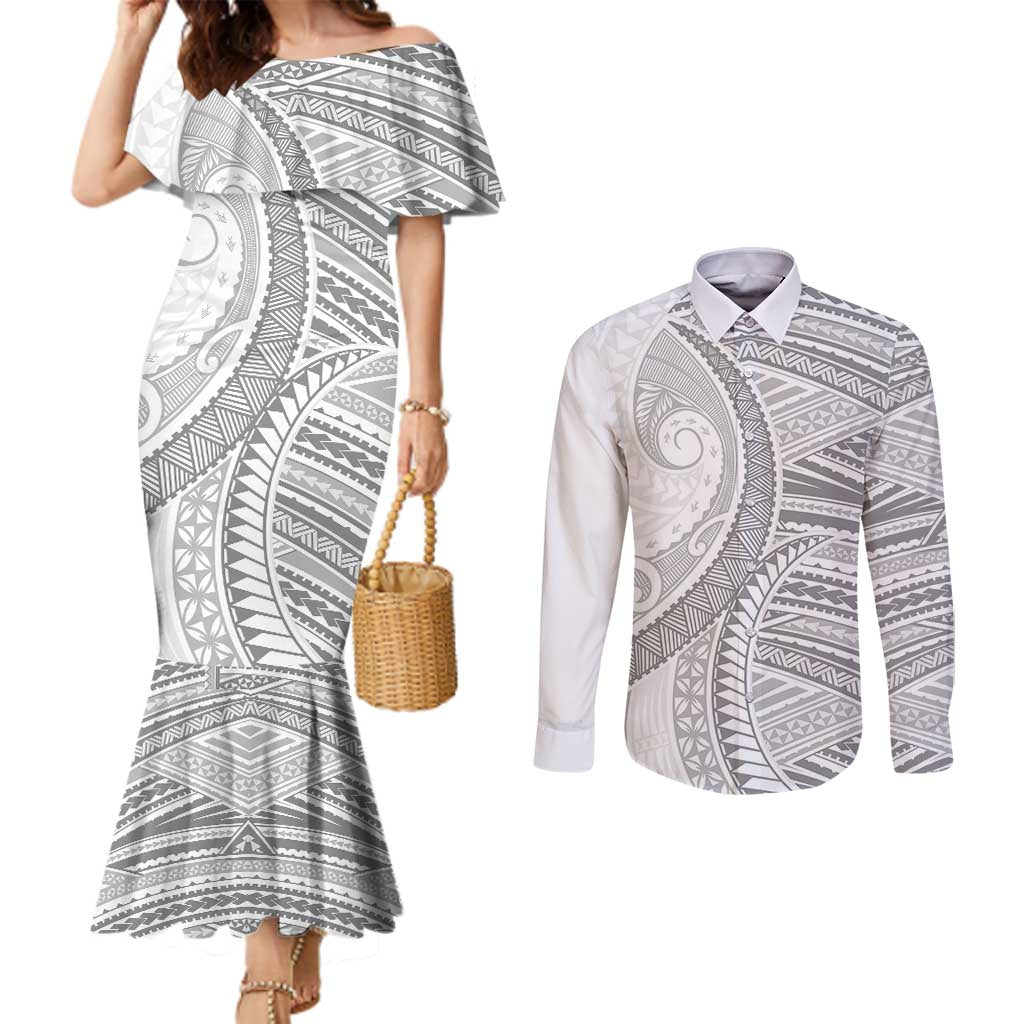 American Samoa White Sunday Couples Matching Mermaid Dress and Long Sleeve Button Shirt Polynesian Lotu Tamaiti LT9 White - Polynesian Pride