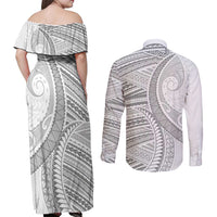 American Samoa White Sunday Couples Matching Off Shoulder Maxi Dress and Long Sleeve Button Shirt Polynesian Lotu Tamaiti LT9 - Polynesian Pride
