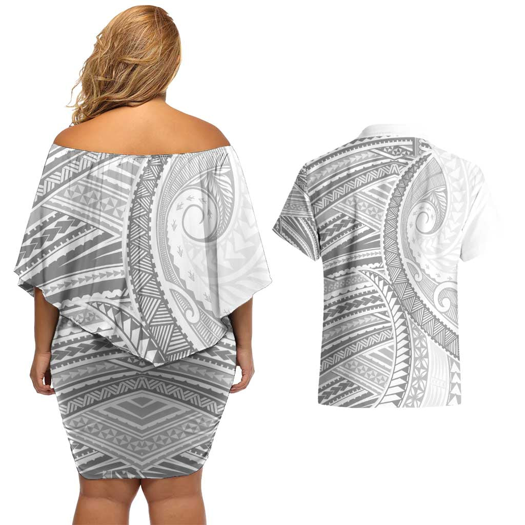 American Samoa White Sunday Couples Matching Off Shoulder Short Dress and Hawaiian Shirt Polynesian Lotu Tamaiti LT9 - Polynesian Pride