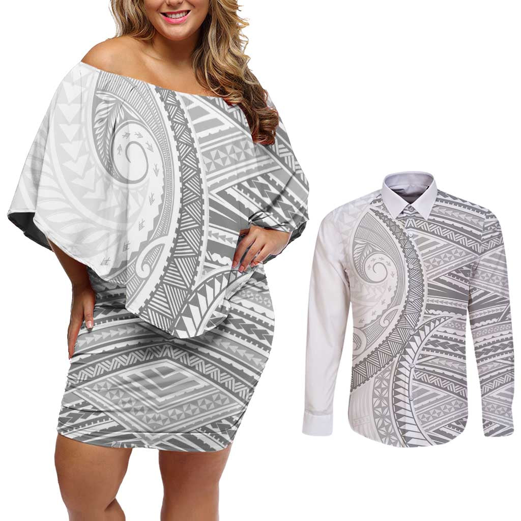 American Samoa White Sunday Couples Matching Off Shoulder Short Dress and Long Sleeve Button Shirt Polynesian Lotu Tamaiti LT9 White - Polynesian Pride