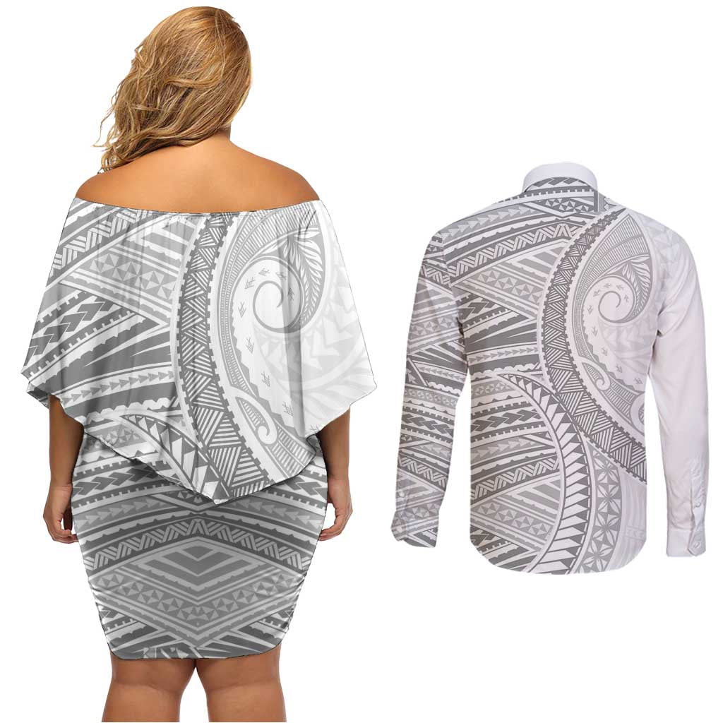 American Samoa White Sunday Couples Matching Off Shoulder Short Dress and Long Sleeve Button Shirt Polynesian Lotu Tamaiti LT9 - Polynesian Pride