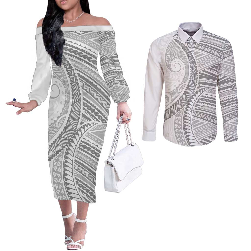 American Samoa White Sunday Couples Matching Off The Shoulder Long Sleeve Dress and Long Sleeve Button Shirt Polynesian Lotu Tamaiti LT9 White - Polynesian Pride