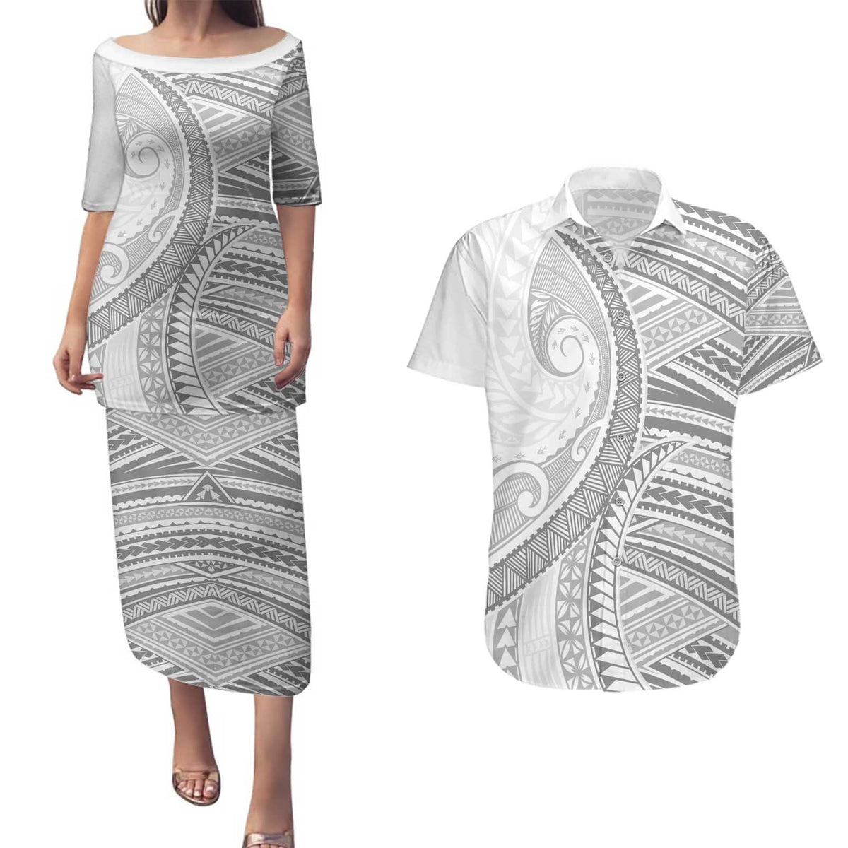 American Samoa White Sunday Couples Matching Puletasi and Hawaiian Shirt Polynesian Lotu Tamaiti LT9 White - Polynesian Pride