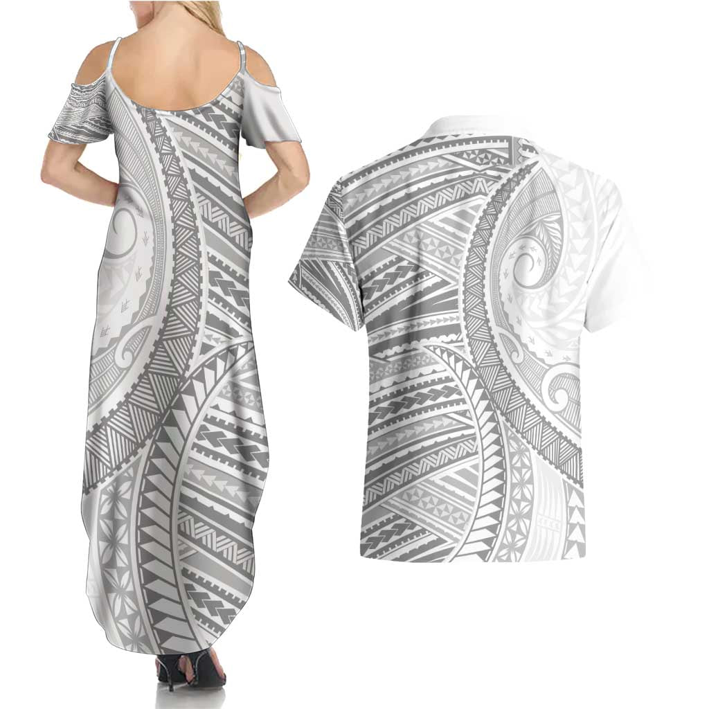 American Samoa White Sunday Couples Matching Summer Maxi Dress and Hawaiian Shirt Polynesian Lotu Tamaiti LT9 - Polynesian Pride