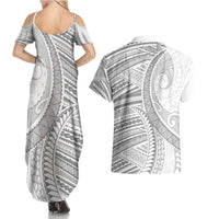 American Samoa White Sunday Couples Matching Summer Maxi Dress and Hawaiian Shirt Polynesian Lotu Tamaiti LT9 - Polynesian Pride