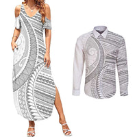 American Samoa White Sunday Couples Matching Summer Maxi Dress and Long Sleeve Button Shirt Polynesian Lotu Tamaiti LT9 White - Polynesian Pride