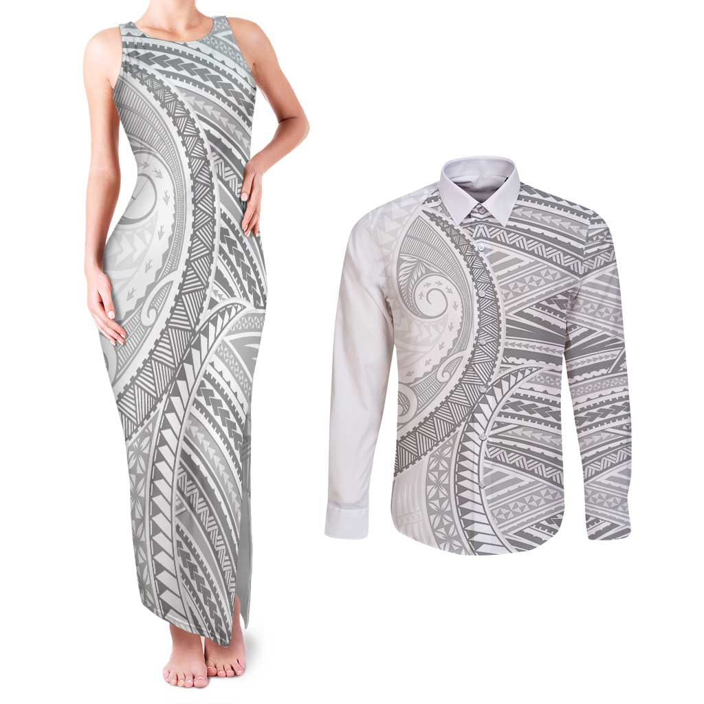 American Samoa White Sunday Couples Matching Tank Maxi Dress and Long Sleeve Button Shirt Polynesian Lotu Tamaiti LT9 White - Polynesian Pride