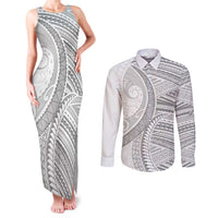 American Samoa White Sunday Couples Matching Tank Maxi Dress and Long Sleeve Button Shirt Polynesian Lotu Tamaiti LT9 White - Polynesian Pride