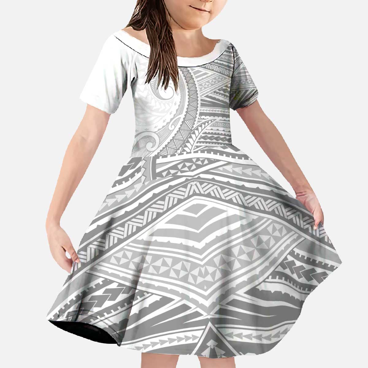 American Samoa White Sunday Family Matching Off The Shoulder Long Sleeve Dress and Hawaiian Shirt Polynesian Lotu Tamaiti LT9 Daughter's Dress White - Polynesian Pride